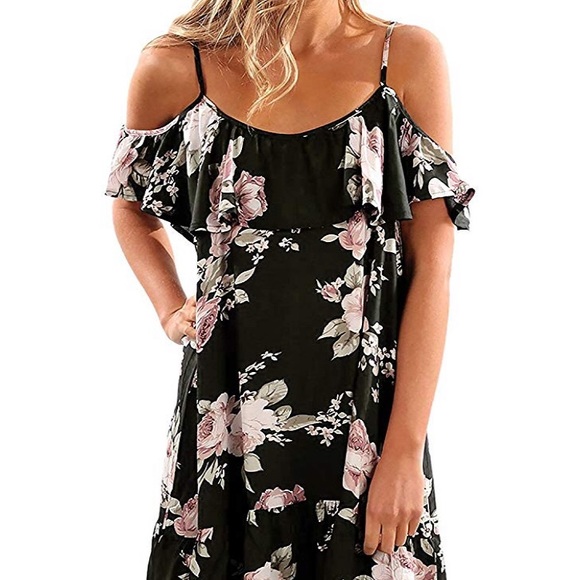 NWOT! BLACK AND FLORAL OPEN SHOULDER DRESS - Picture 7 of 8